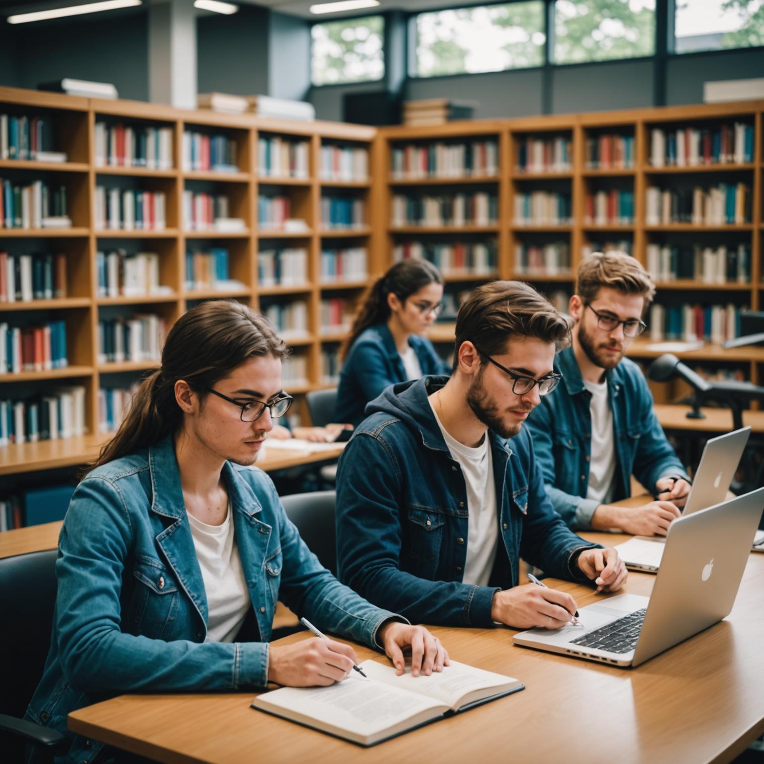 Students working on academic writing in a library