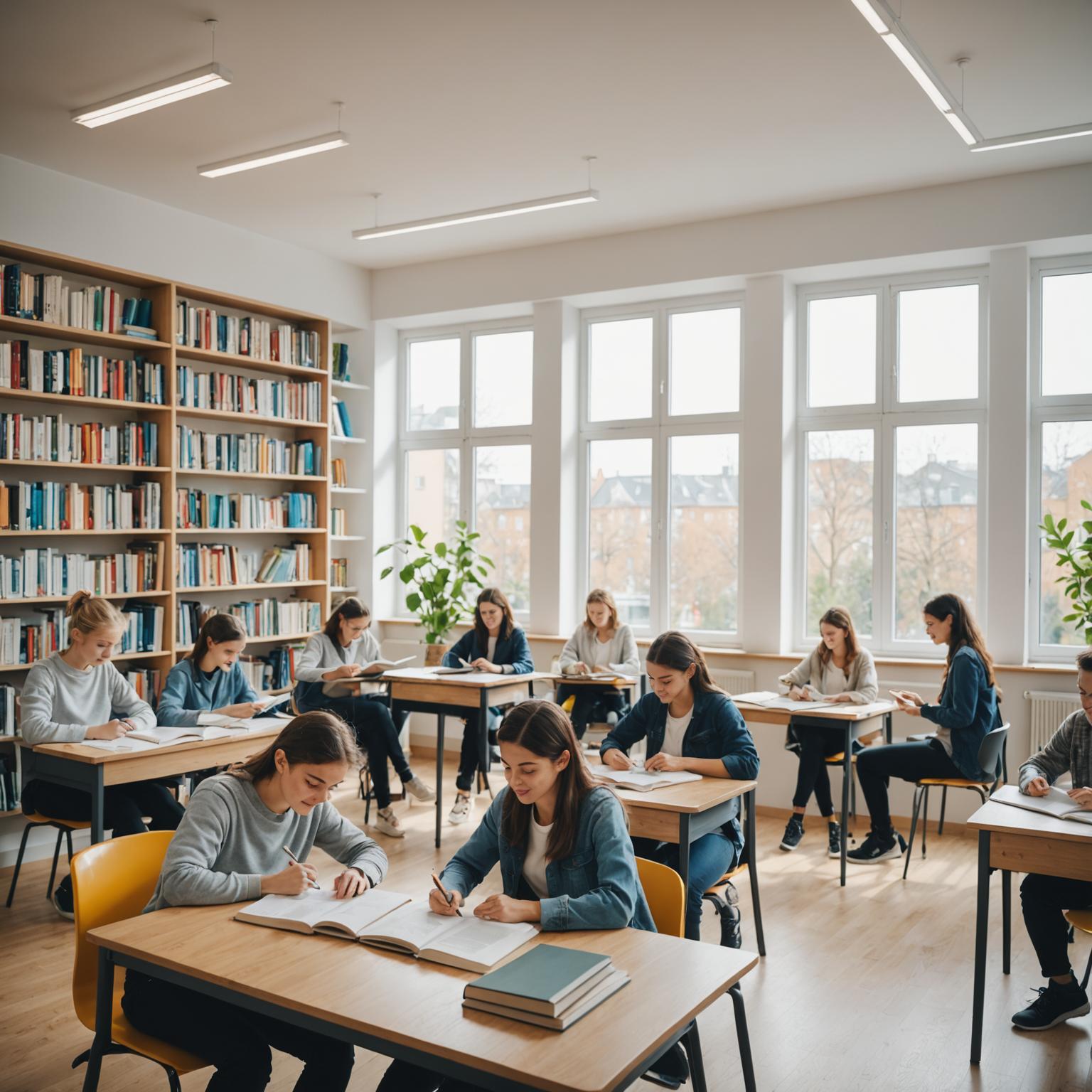 Modern language school classroom with international students