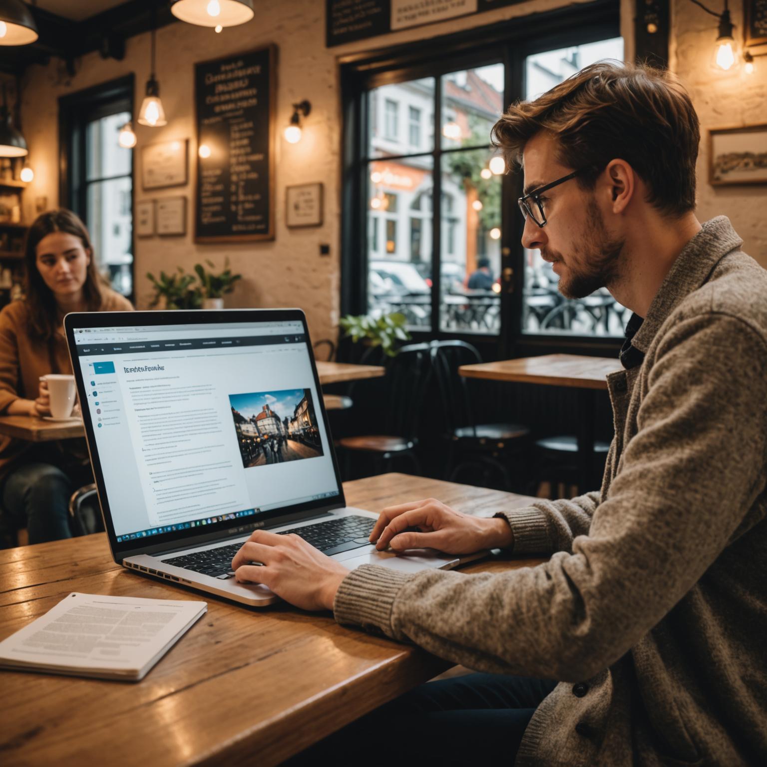 Researching English courses on a laptop